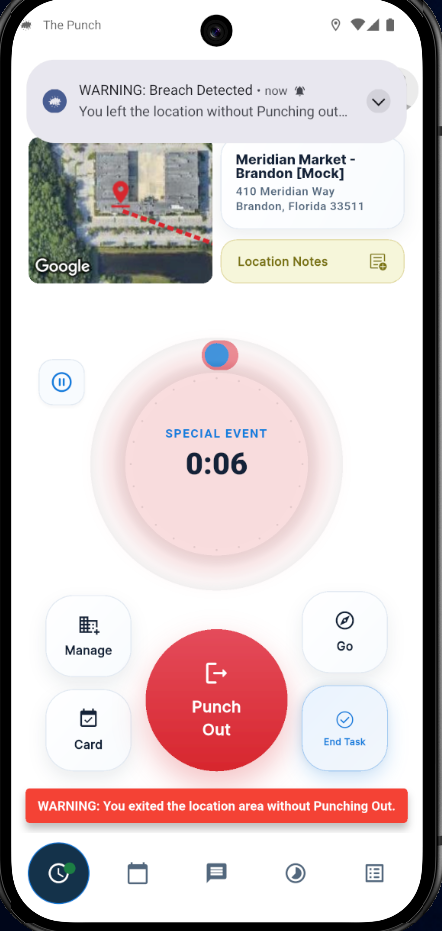 Mobile reminder after an employee leaves the location while punched in
