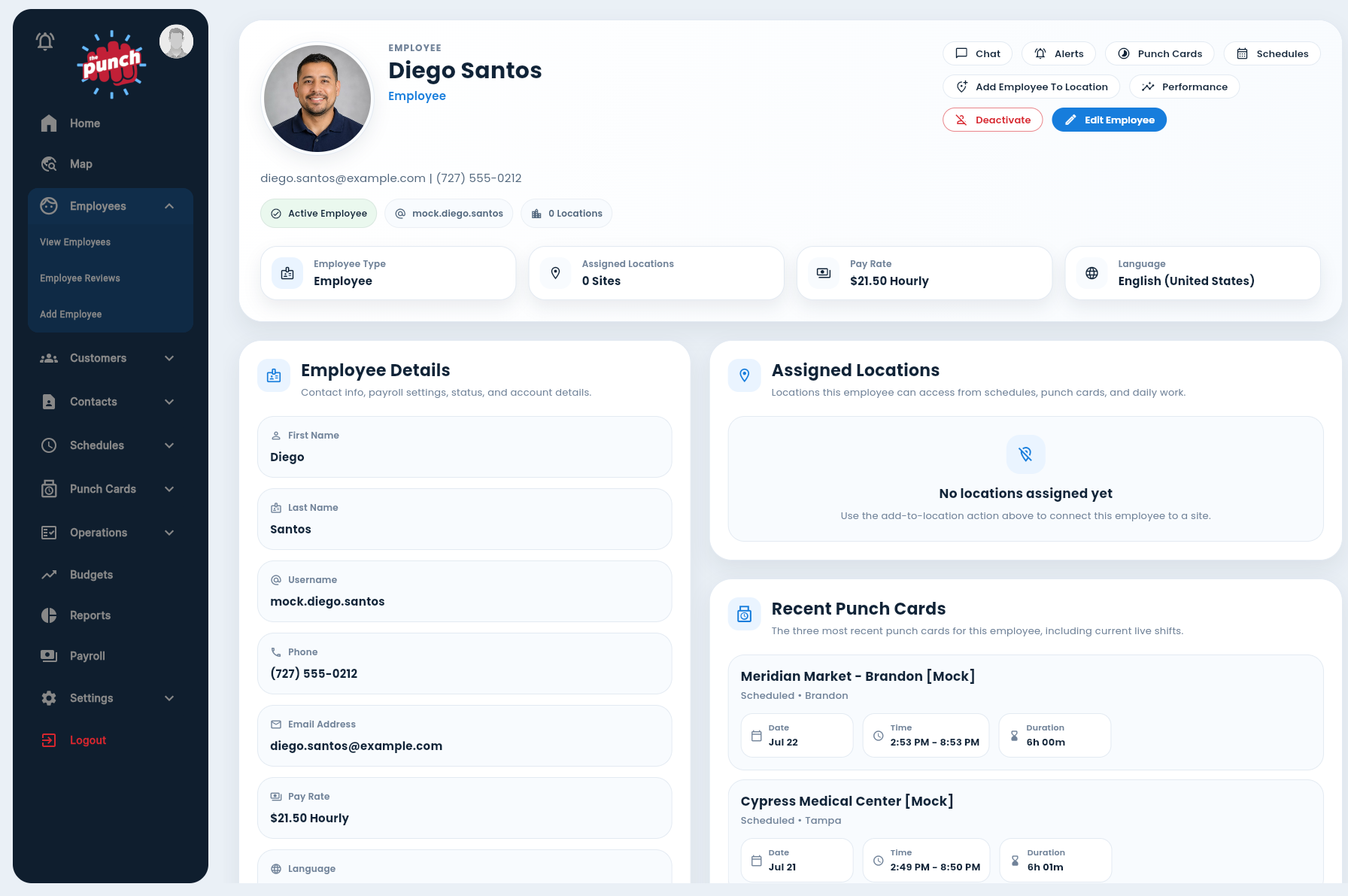 Employee profile with contact details, locations, pay rate, and recent Punch Cards